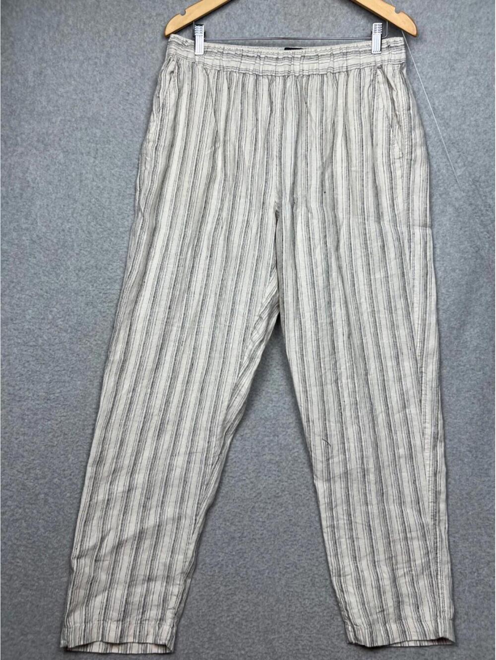 Tahari Linen Coastal Strip Pull On Pants Womens L Beach Minimalist Neutral - Picture 1 of 10